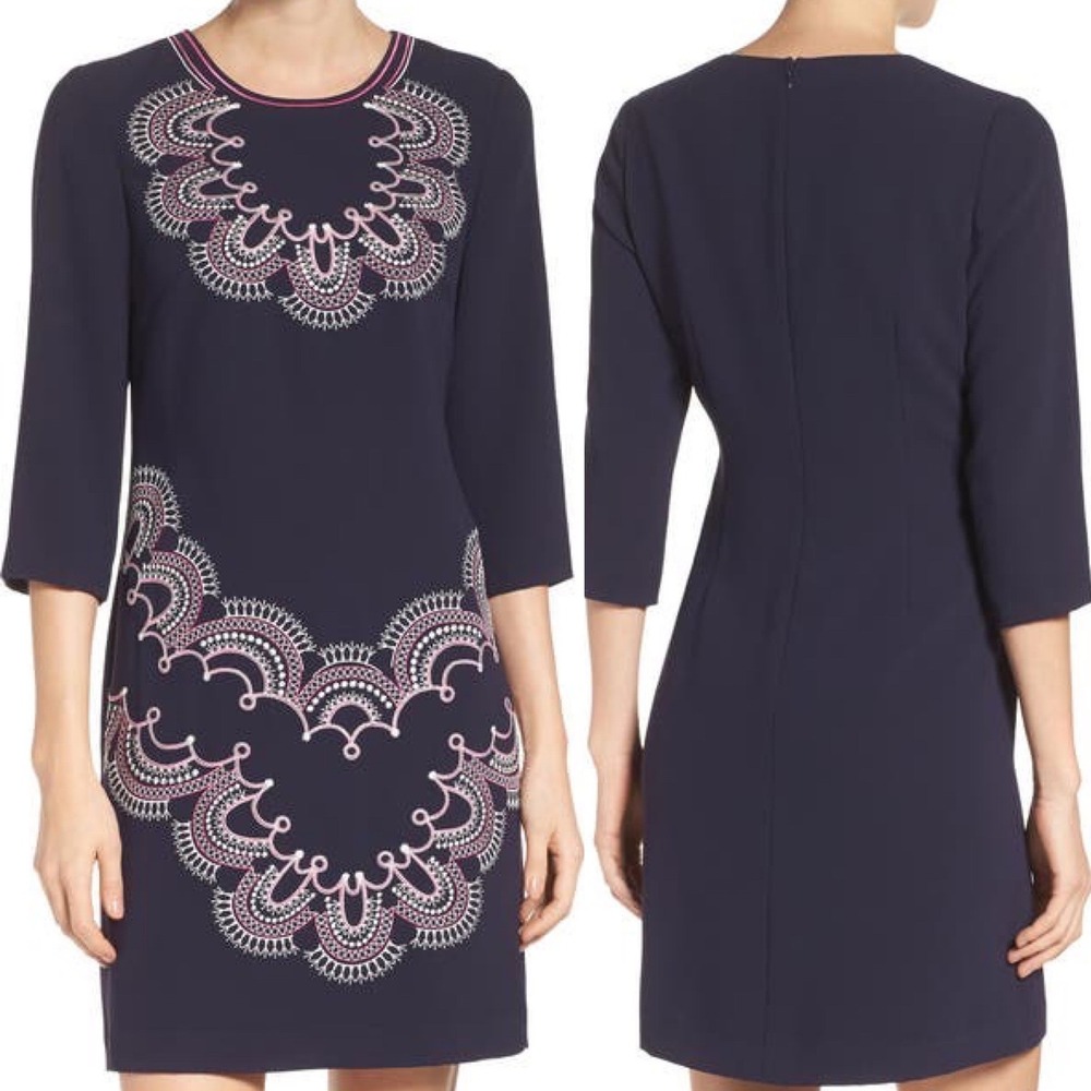 Eliza J Embroidered‎ Crepe A-Line Dress 3/4 Sleeve Navy Pink Women's Size 10